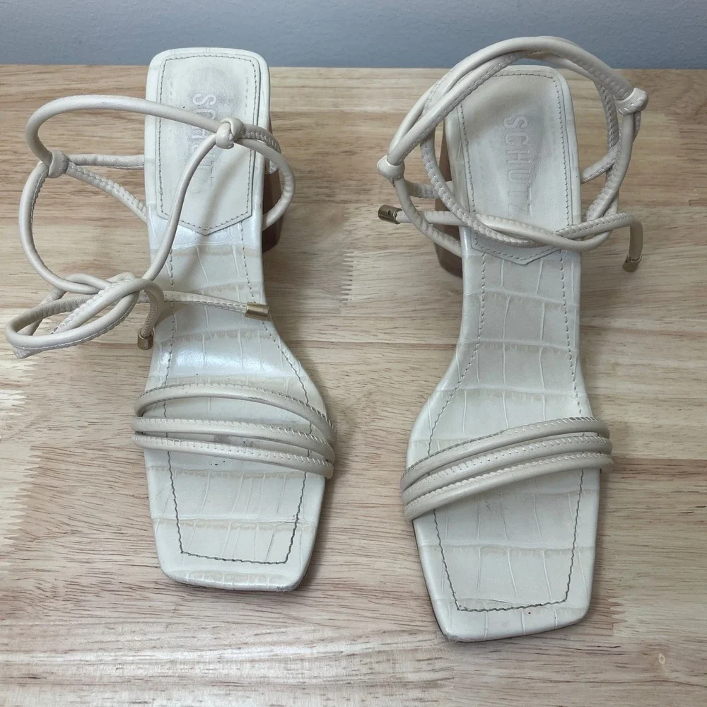Schutz White Crocodile Embossed Strappy‎ Block Heel Sandals Women Size 8